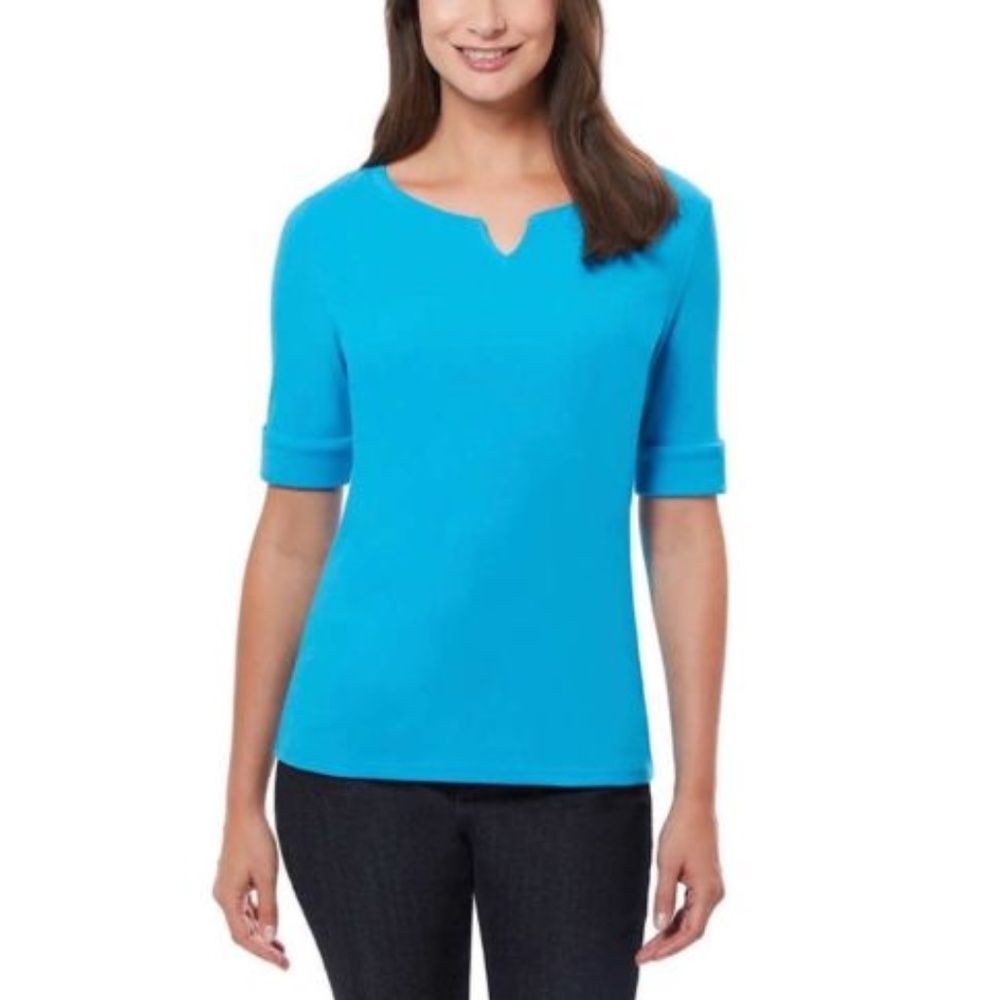 ELLEN TRACY Pima Cotton Elbow Sleeves Split V-Neck
